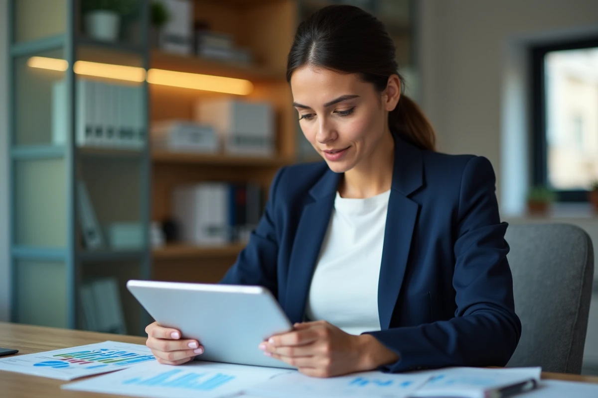 Femme professionnelle en réunion avec tablette et graphique