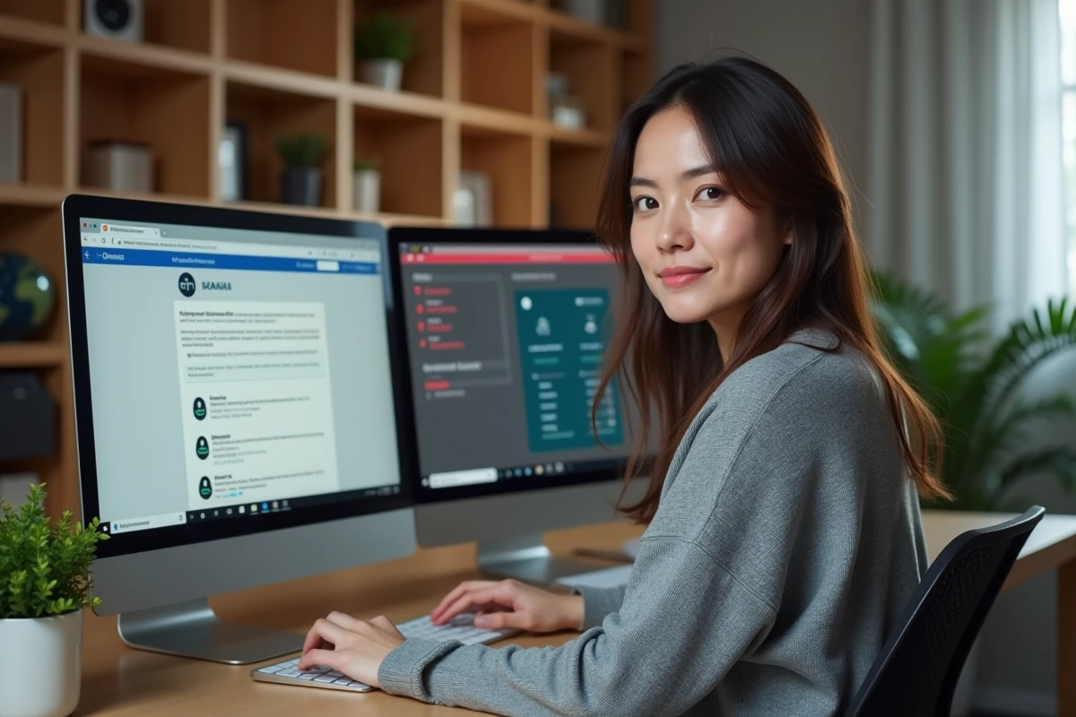 Femme utilisant un logiciel antivirus pour se protéger des malwares sur un site de lecture de manga en ligne