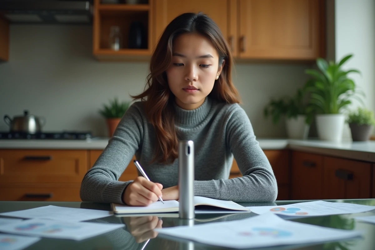 Jeune femme note avec tube sur table de cuisine
