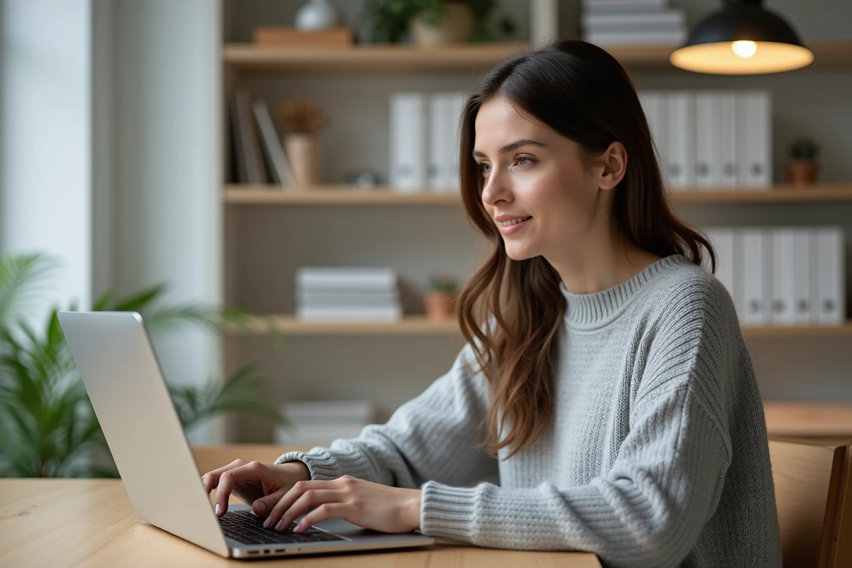 Femme consultant un site web sur un ordinateur portable dans un bureau à domicile moderne, illustrant les recherches Google et la popularité de Tarenoi
