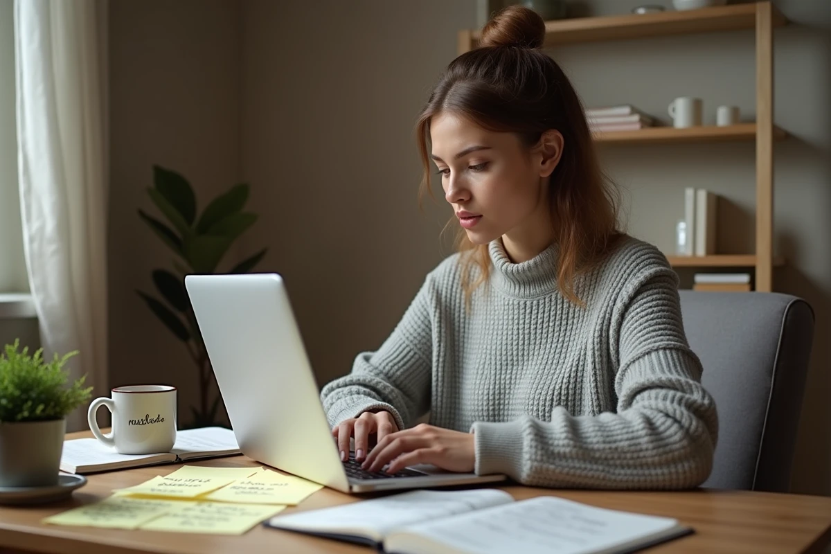 Jeune femme concentrée tapant sur son ordinateur portable entourée de notes de grammaire française pour éviter les fautes sur les réseaux sociaux