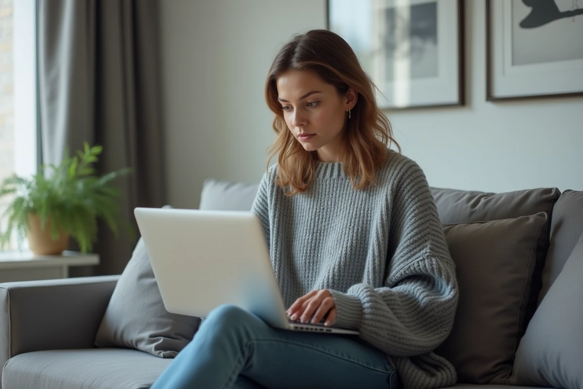 Jeune femme seule sur un canapé réfléchissant devant son ordinateur portable, illustrant la gestion d'une activité en ligne comme MYM ou OnlyFans dans le cadre d'une relation de couple