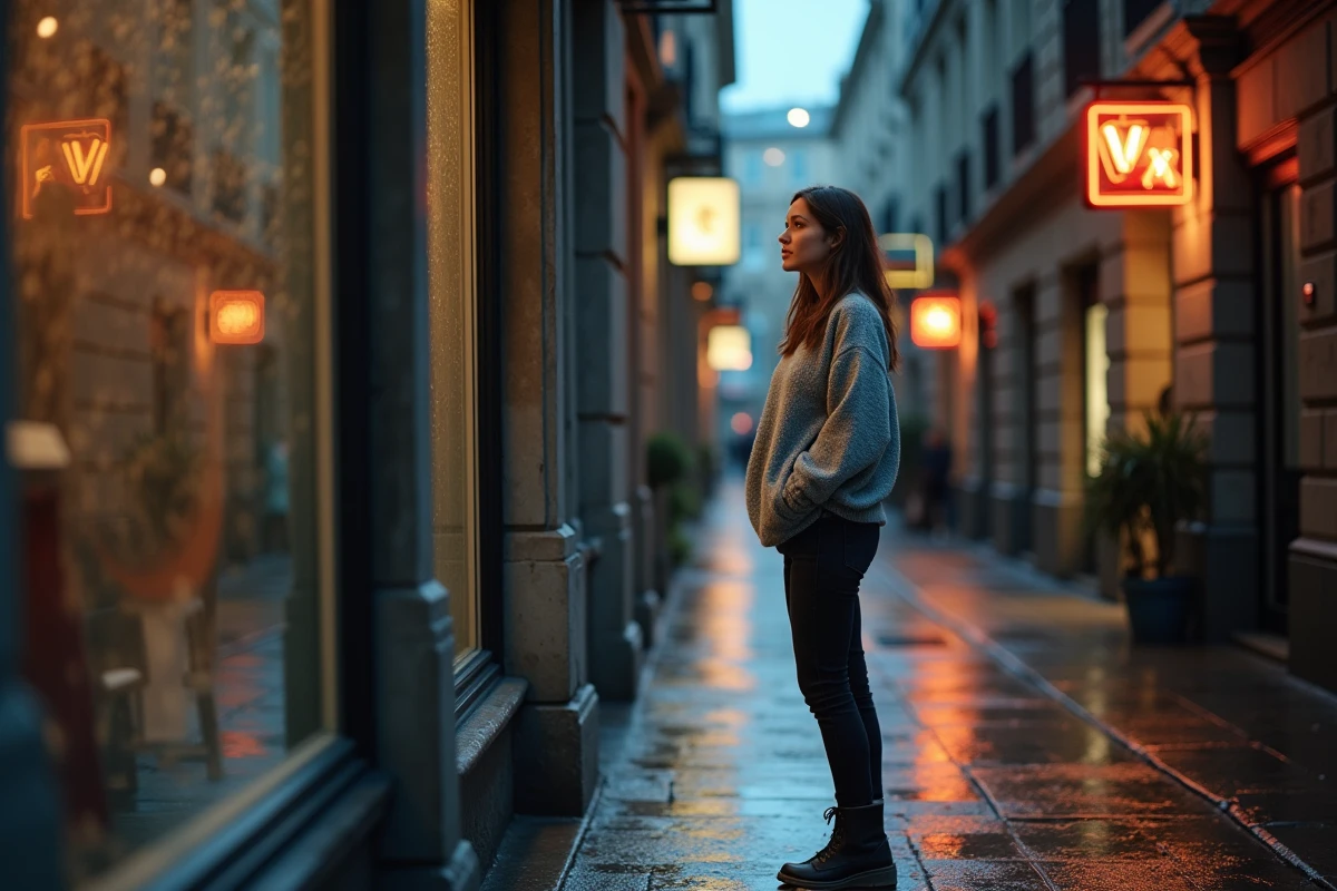 Femme regardant reflections dans une rue pluvieuse