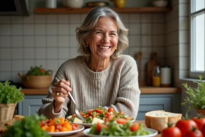 Femme souriante dégustant un repas méditerranéen à la maison