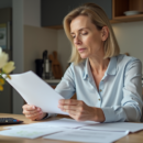 Femme d'âge moyen examinant des documents de retraite à la maison