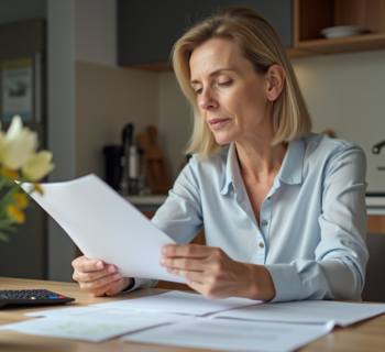 Femme d'âge moyen examinant des documents de retraite à la maison