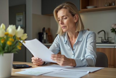 Femme d'âge moyen examinant des documents de retraite à la maison