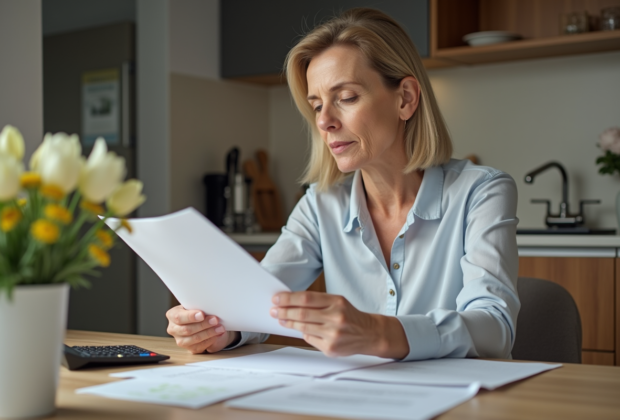 Femme d'âge moyen examinant des documents de retraite à la maison