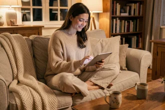Femme détendue lisant le blog positivia.fr sur une tablette le soir, assise sur un canapé en lin avec une tasse de tisane, rituel anti-stress du soir