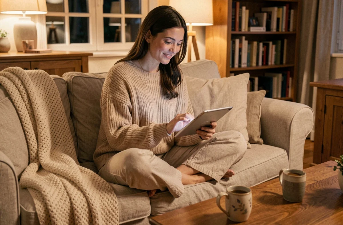 Femme détendue lisant le blog positivia.fr sur une tablette le soir, assise sur un canapé en lin avec une tasse de tisane, rituel anti-stress du soir