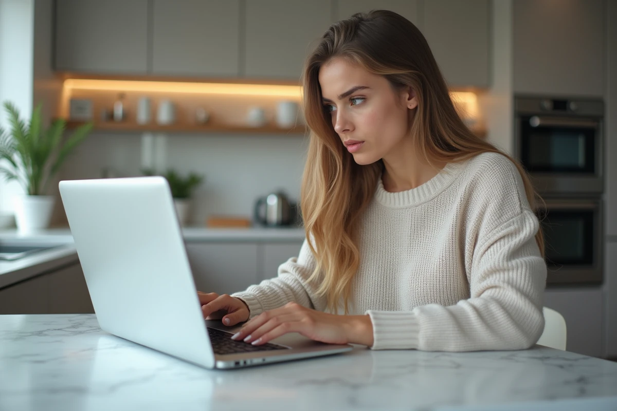 Jeune femme concentrée devant son ordinateur en cuisine