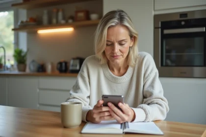 Femme assise à une table de cuisine moderne utilisant un smartphone