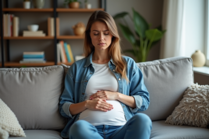 Femme assise sur un canapé dans un salon cosy avec une expression préoccupée
