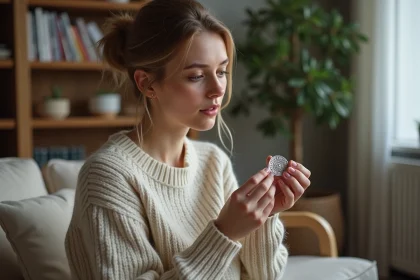 Jeune femme examine un pendentif vegvisir en argent dans un salon nordique