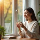 Femme souriante tenant vitamine D3 près d'une fenêtre ensoleillée