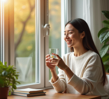 Femme souriante tenant vitamine D3 près d'une fenêtre ensoleillée