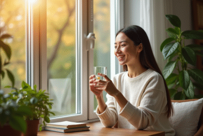 Femme souriante tenant vitamine D3 près d'une fenêtre ensoleillée