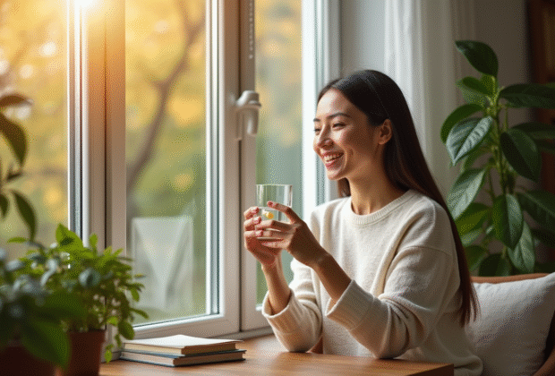 Femme souriante tenant vitamine D3 près d'une fenêtre ensoleillée