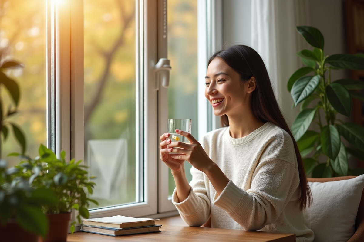 Femme souriante tenant vitamine D3 près d'une fenêtre ensoleillée