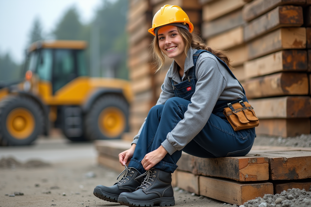 Jeune femme technicienne en chaussures de sécurité sur chantier