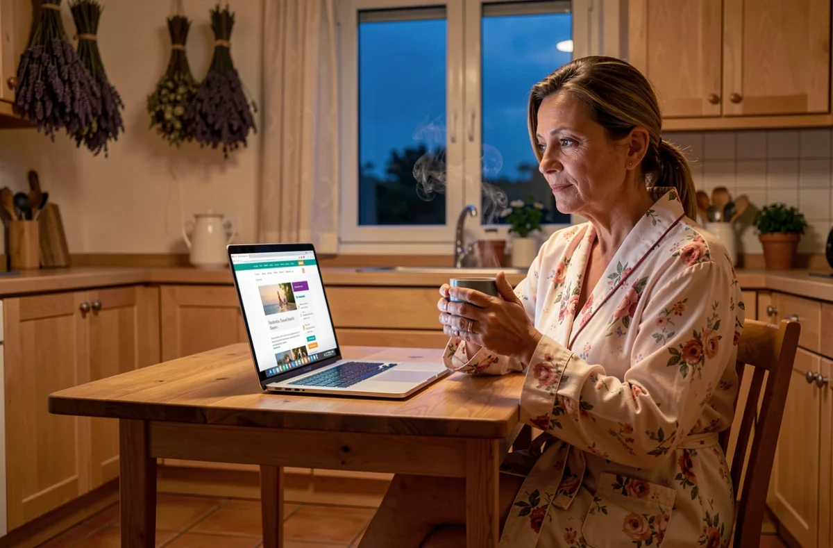 Femme en robe de chambre florale savourant une tisane devant un blog bien-être sur laptop dans une cuisine rustique le soir, routine relaxation anti-stress