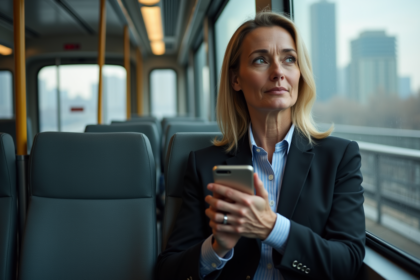 Femme d'affaires seule dans un train regardant par la fenêtre