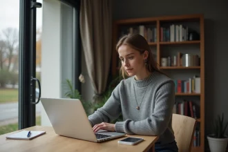 Jeune femme concentrée sur son ordinateur à la maison