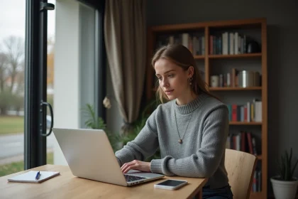 Jeune femme concentrée sur son ordinateur à la maison