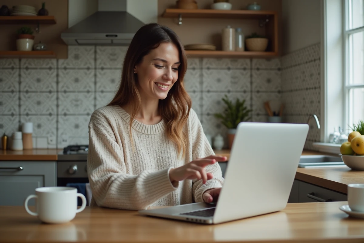 Femme assise à une table de cuisine avec ordinateur portable