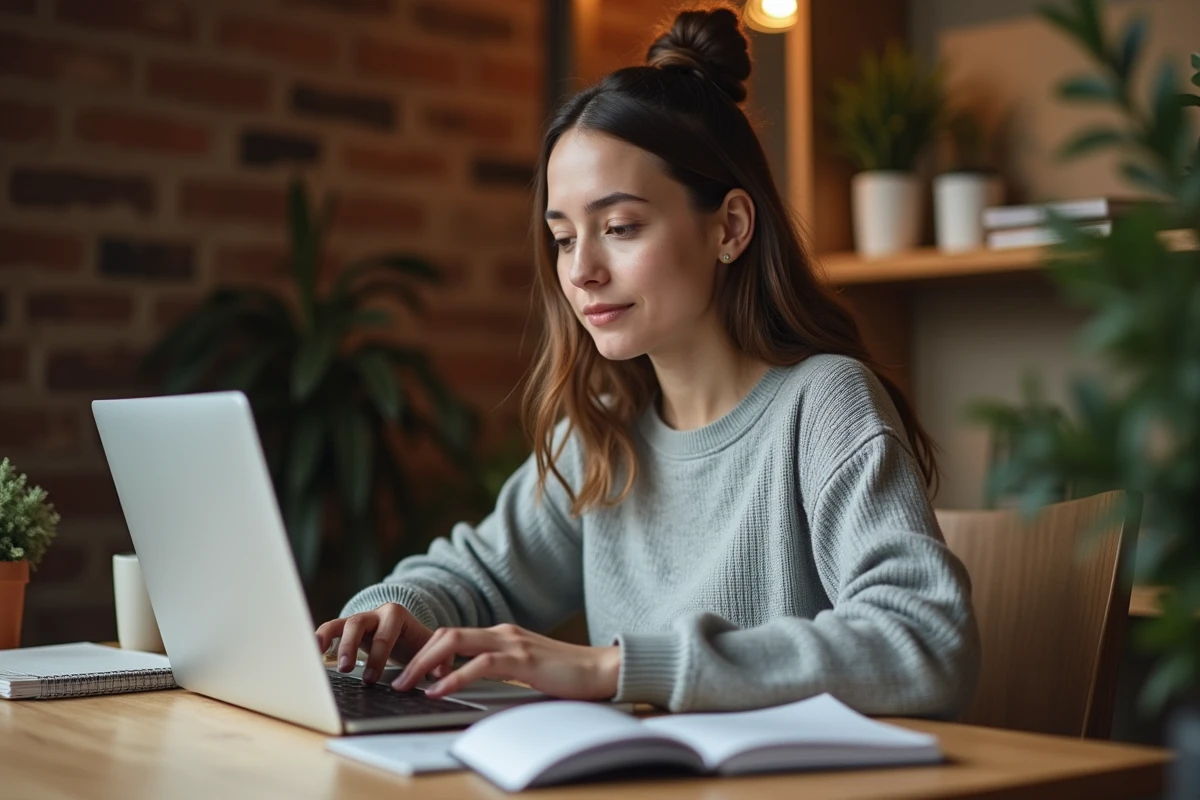 Jeune femme utilisant un chatbot IA en français sur son ordinateur portable dans un bureau à domicile