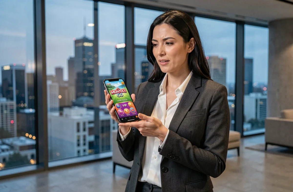 Femme cadre jouant à Monopoly GO Club des magnats sur smartphone dans un penthouse moderne avec vue sur la ville