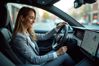 Femme en voiture électrique testant l'écran tactile du tableau de bord