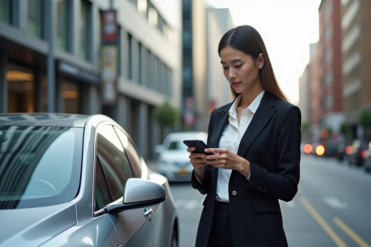 Jeune femme en costume utilisant son smartphone près d
