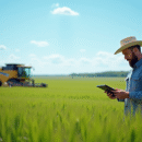Agriculteur moderne analysant des données sur une tablette dans un champ de blé vert