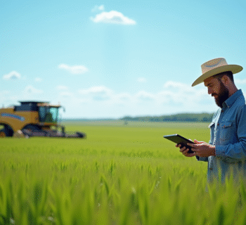 Agriculteur moderne analysant des données sur une tablette dans un champ de blé vert