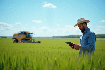 Agriculteur moderne analysant des données sur une tablette dans un champ de blé vert