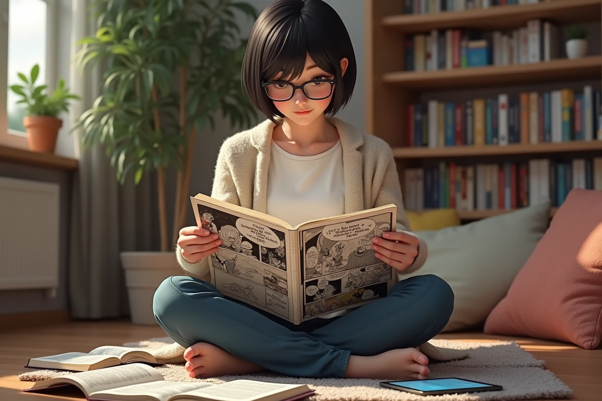 Fille regardant manga dans un salon confortable