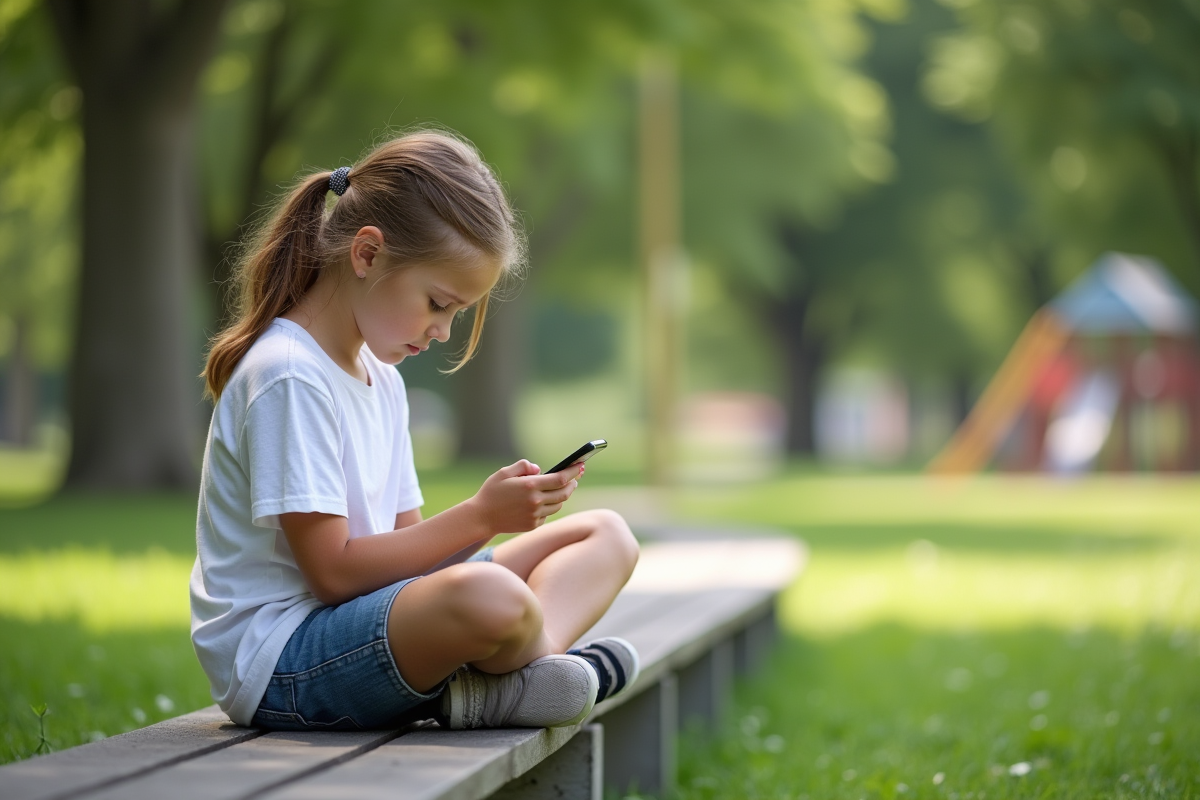 Fille de 12 ans assise dans un parc regardant son téléphone