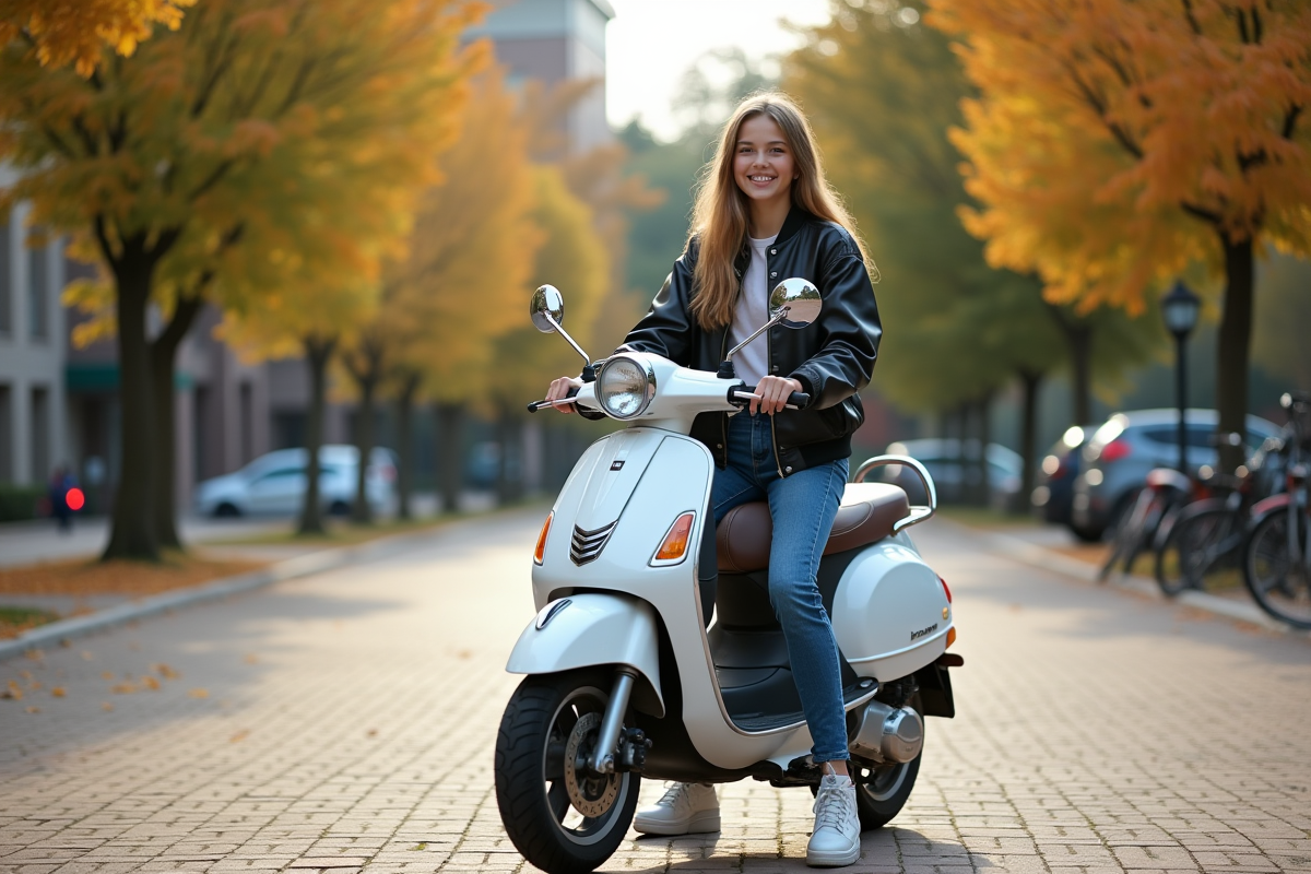 Fille poussant scooter 50cc dans campus universitaire