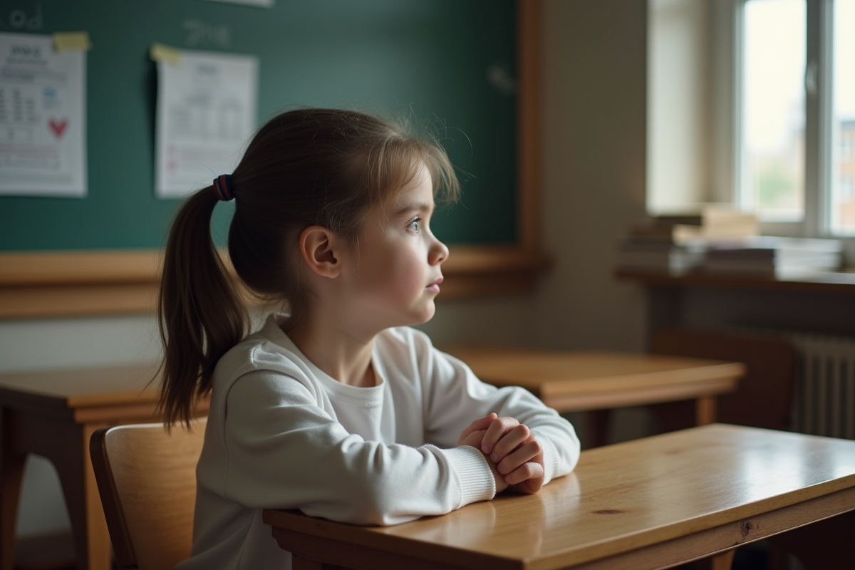 Fille préadolescente regardant par la fenêtre en classe
