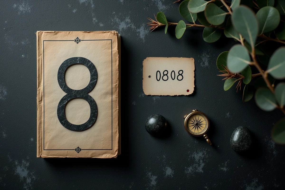 Composition flat lay d'objets symboliques autour du nombre 0808, illustrant la numérologie et le message spirituel