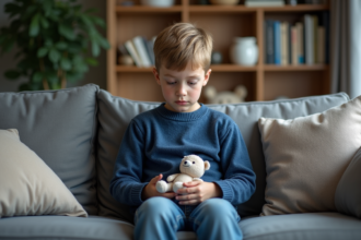 Jeune garçon assis sur un canapé gris avec un jouet en main