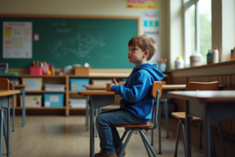 Garçon de 9 ans pensif à la fenêtre en classe