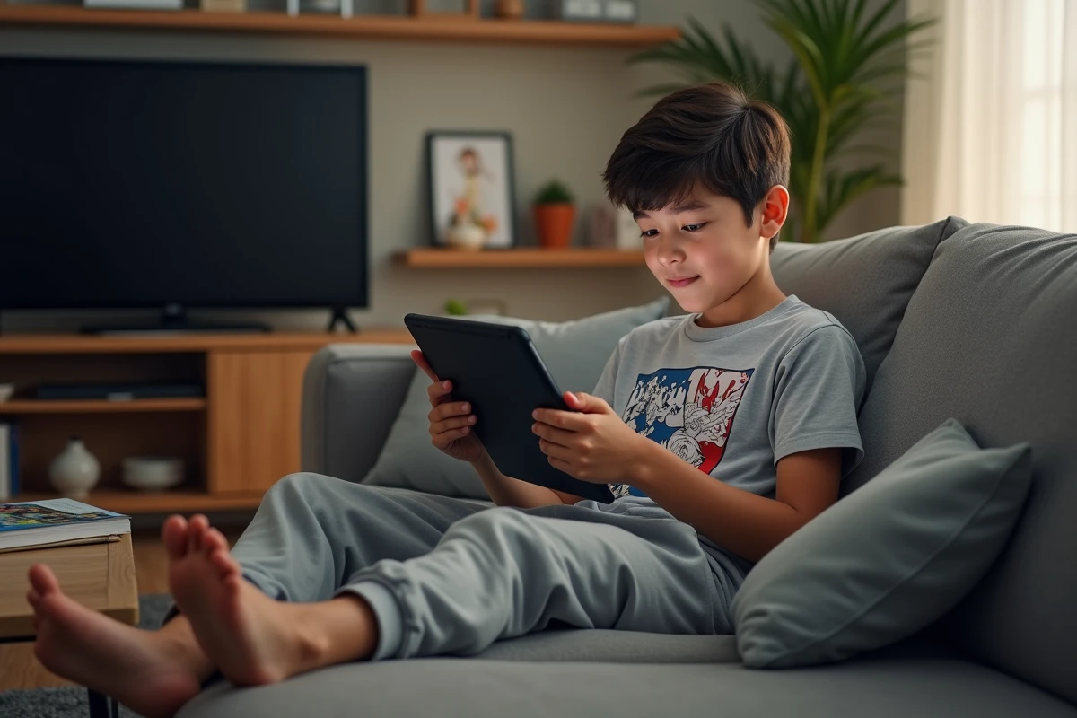 Adolescent regardant manga sur tablette dans le salon