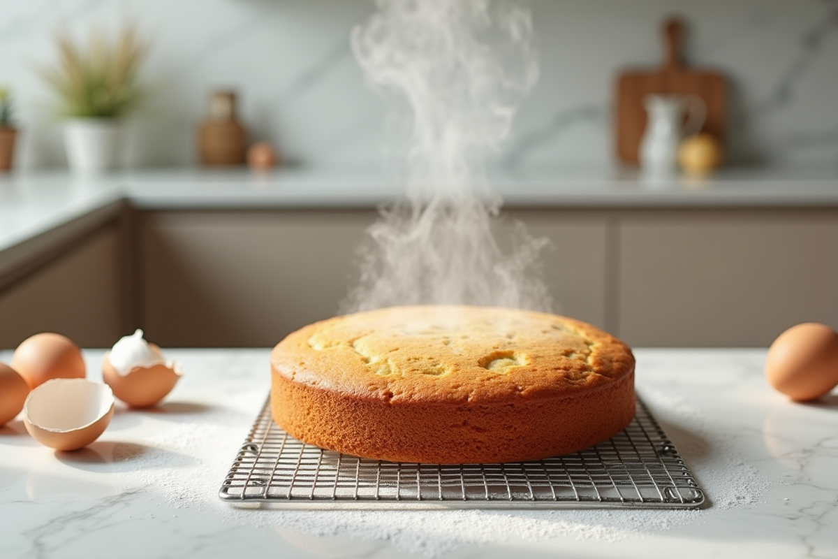 Gâteau simple en cours de refroidissement dans une cuisine moderne
