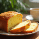 Gâteau éponge doré tranché sur une table en bois avec tasse de thé