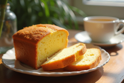 Gâteau éponge doré tranché sur une table en bois avec tasse de thé