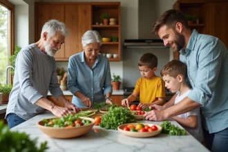 Repas familial coloré avec fruits et légumes frais