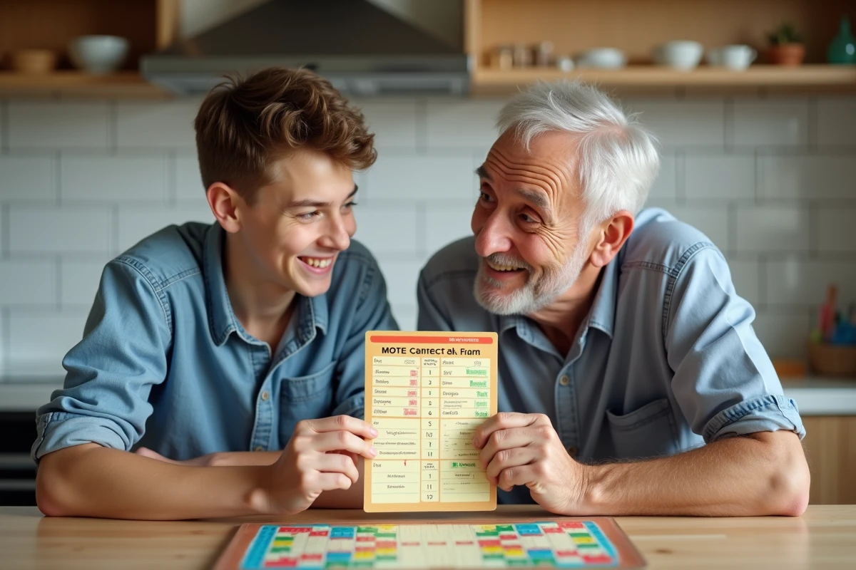 Grand-pere et adolescent jouant au Scrabble en famille