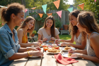 Groupe d'amis souriants préparant une fête en extérieur